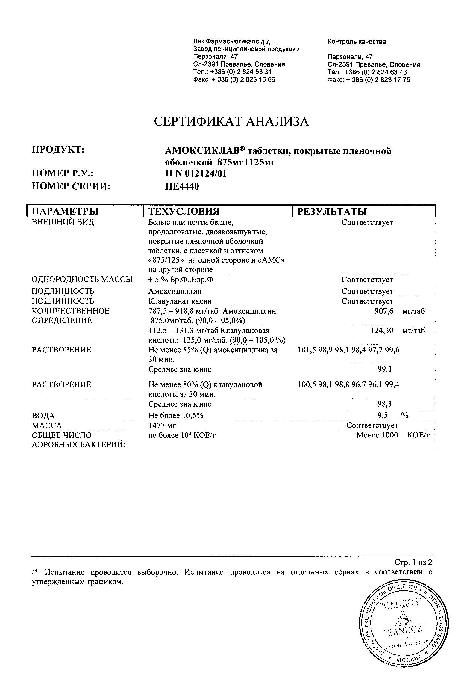 Амоксиклав 875мг+125мг 14 шт. таблетки покрытые пленочной оболочкой