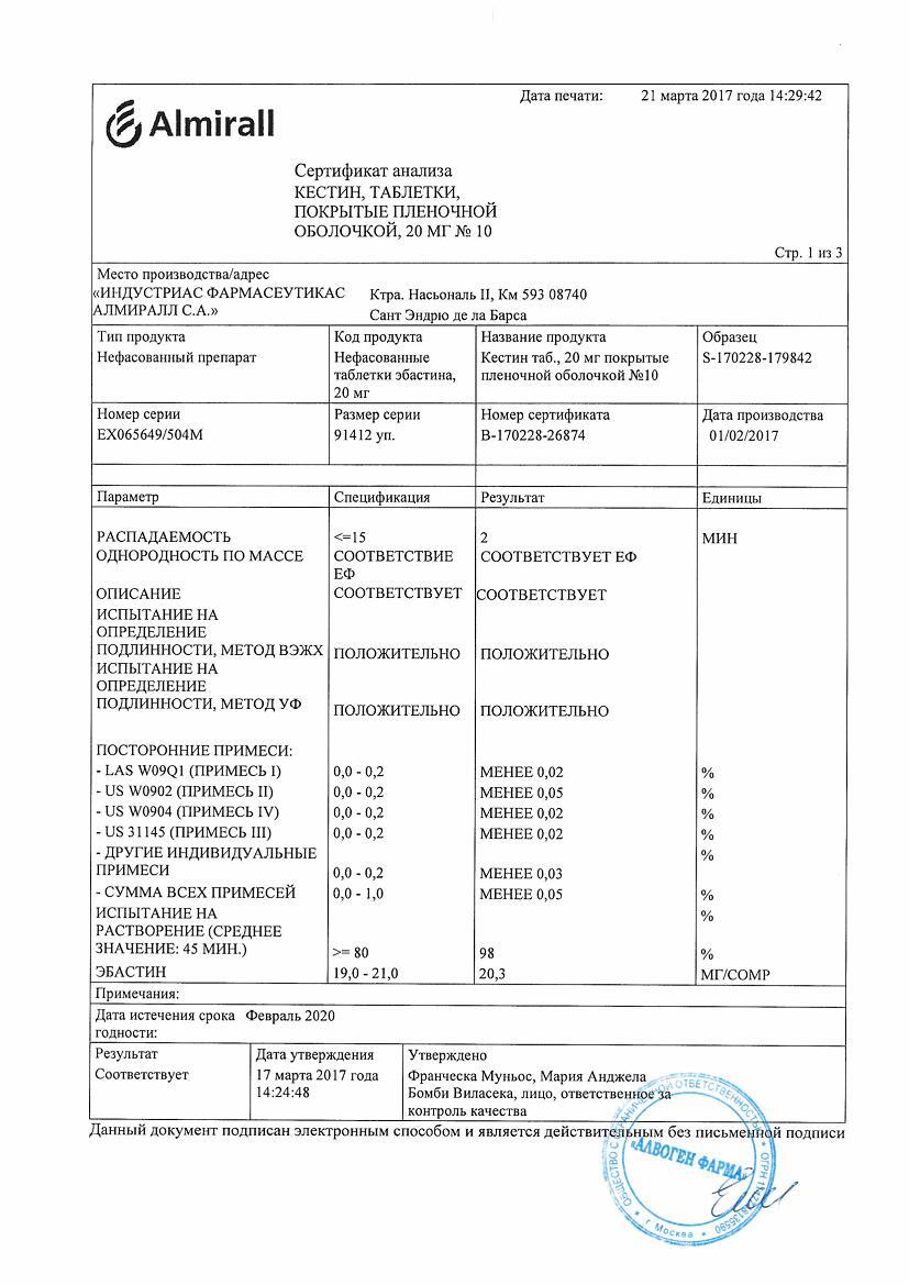 Кестин 20мг 10 шт. таблетки покрытые пленочной оболочкой