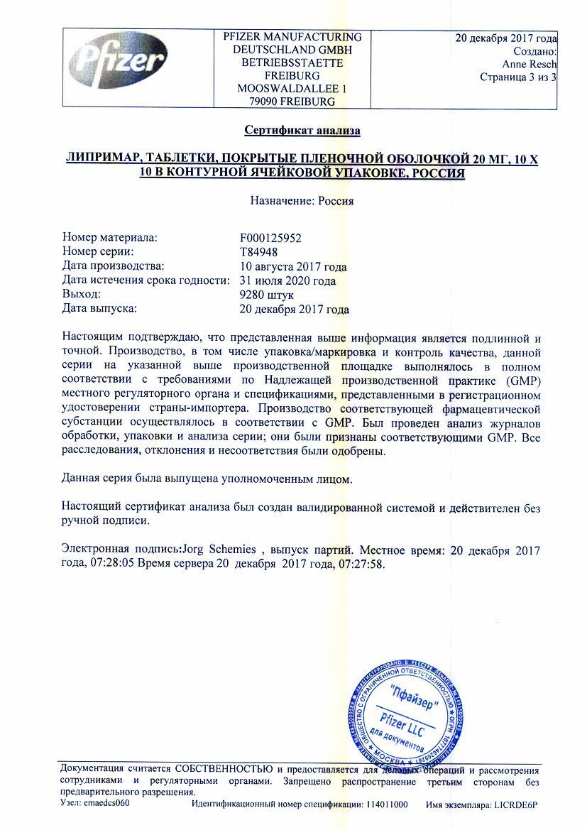 Липримар 20мг 100 шт. таблетки покрытые пленочной оболочкой