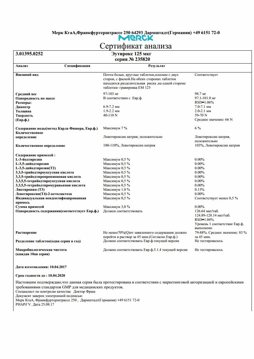 Эутирокс 125мкг 100 шт. таблетки купить по цене от 73 руб в Москве,  заказать с доставкой, инструкция по применению, аналоги, отзывы