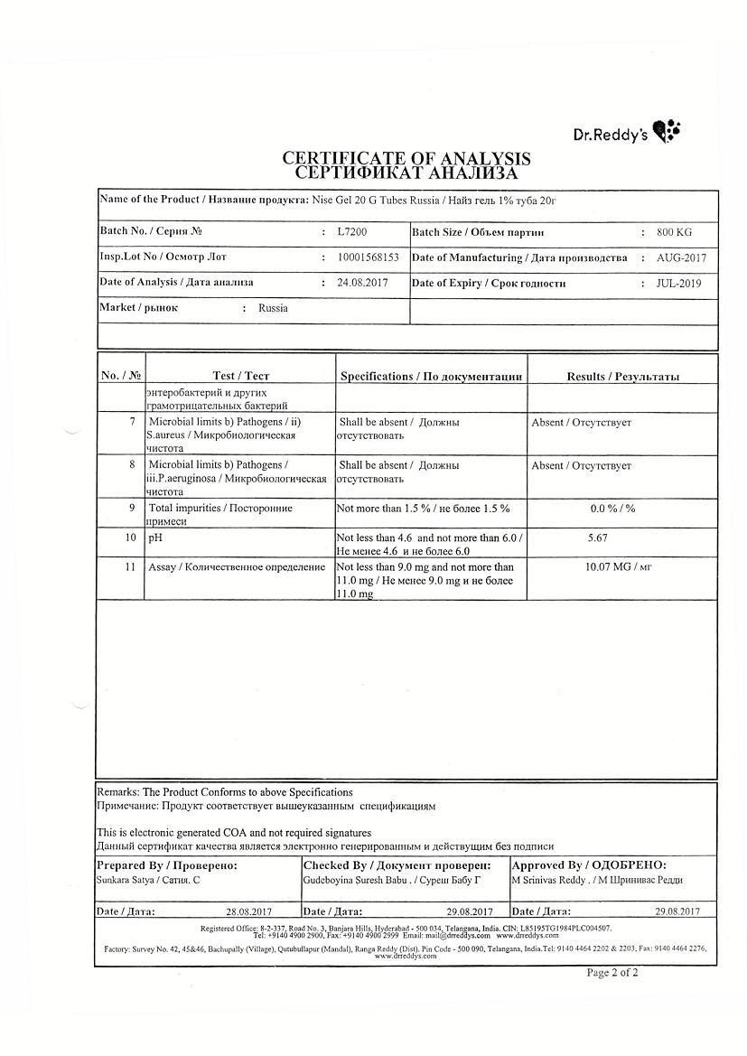 Найз 1% 20г гель для наружного применения Dr. Reddy.s Laboratories Ltd.