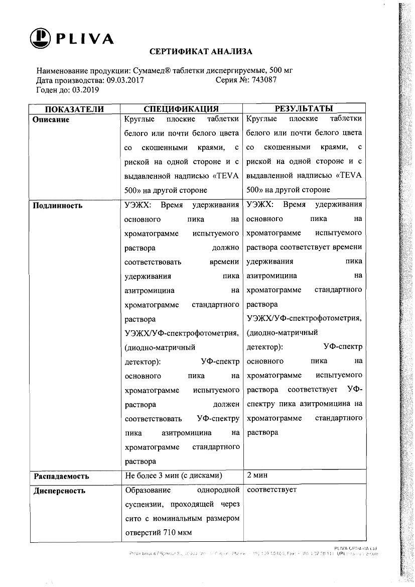 Сумамед 500мг 3 шт. таблетки диспергируемые