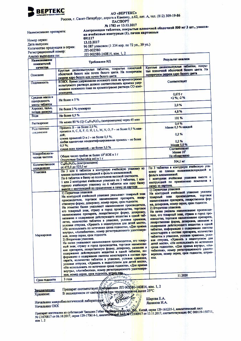 Азитромицин 500мг 3 шт. таблетки покрытые пленочной оболочкой Вертекс  купить по цене от 198 руб в Москве, заказать с доставкой, инструкция по  применению, аналоги, отзывы