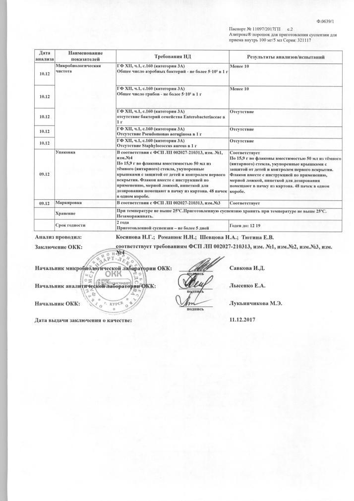 Азитрокс 100мг/5мл 15,9г порошок для приготовления суспензии для приема внутрь