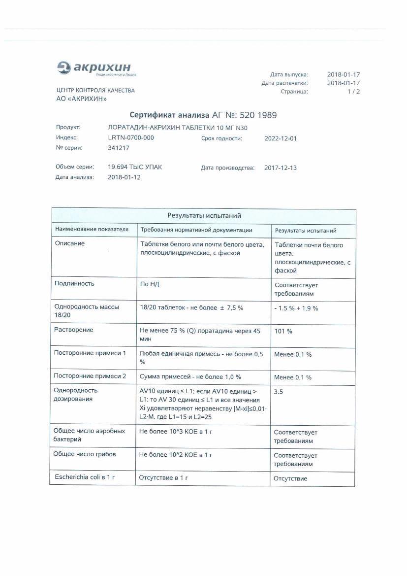 Лоратадин-акрихин 10мг 30 шт. таблетки