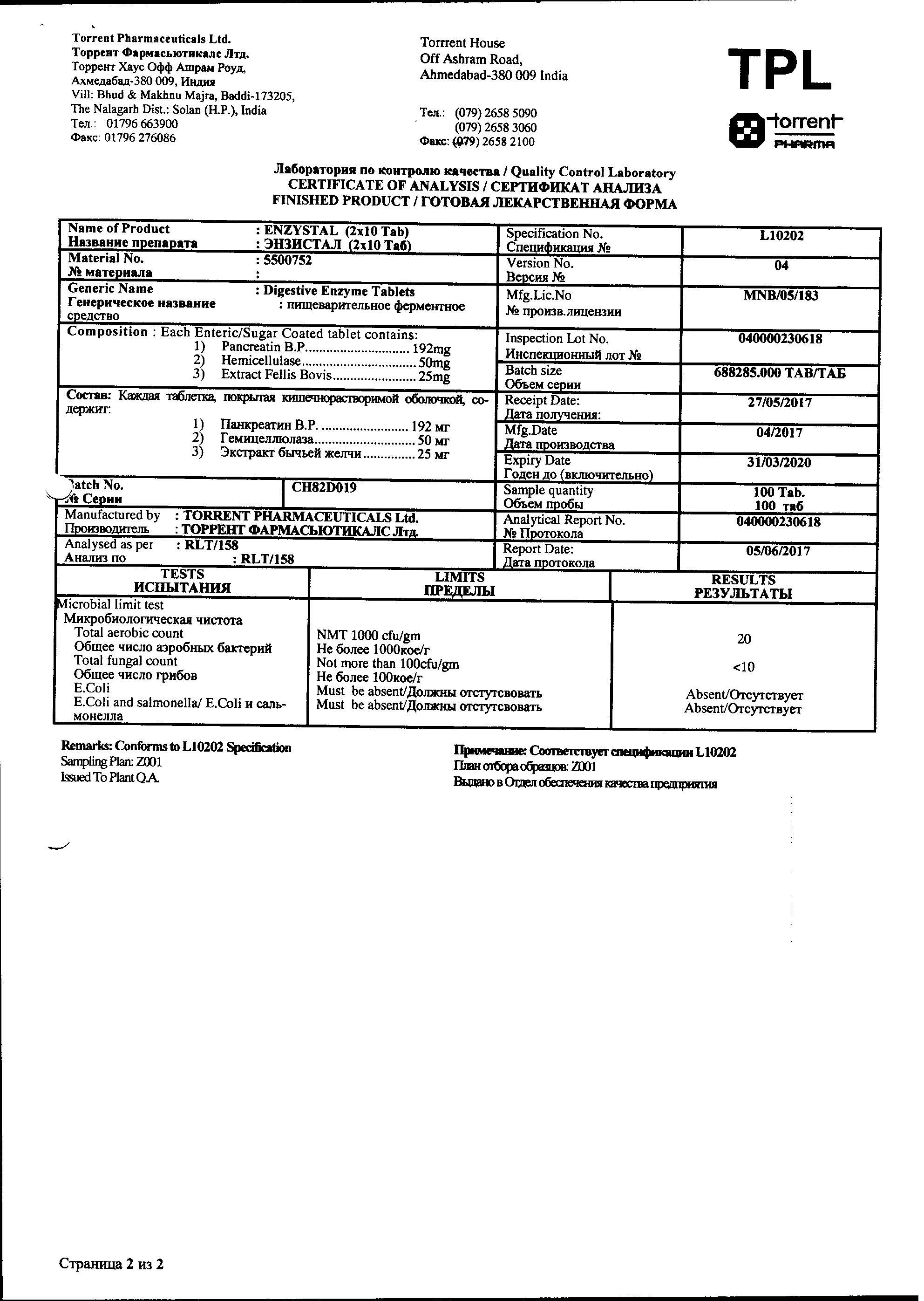 Энзистал 20 шт. таблетки покрытые оболочкой Torrent Pharmaceuticals Ltd