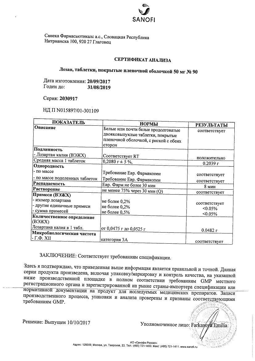 Лозап 50мг 90 шт. таблетки покрытые пленочной оболочкой