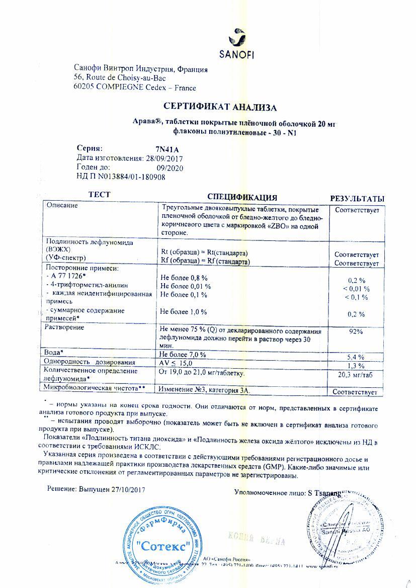 Арава 20мг 30 шт. таблетки покрытые пленочной оболочкой