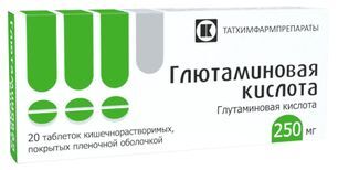 Глютаминовая Кислота 250мг 20 шт. таблетки кишечнорастворимые покрытые пленочной оболочкой