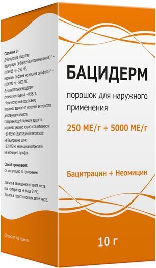 Бацидерм 250ме/г + 5000ме/г 10г порошок для наружного применения Бацидерм 250ме/г + 5000ме/г 10г порошок для наружного применения