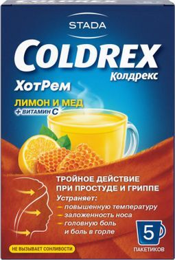 Колдрекс ХотРем при простуде и гриппе со вкусом лимона и мёда, порошок, 5 пакетиков