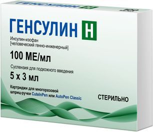 Генсулин Н 100Ме/мл 3мл 5 шт. суспензия для подкожного введения картриджи Генсулин Н 100Ме/мл 3мл 5 шт. суспензия для подкожного введения картриджи