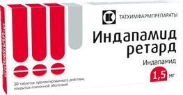 Индапамид Ретард 1,5мг 30 шт. таблетки пролонгированного действия покрытые пленочной оболочкой Татхимфарм Индапамид Ретард 1,5мг 30 шт. таблетки пролонгированного действия покрытые пленочной оболочкой Татхимфарм