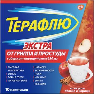 ТераФлю от гриппа и простуды Экстра, порошок 10 шт. с ароматом и вкусом корицы и яблока ТераФлю от гриппа и простуды Экстра, порошок 10 шт. с ароматом и вкусом корицы и яблока