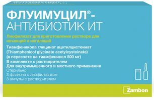 Флуимуцил-антибиотик ит 500мг 3 шт. лиофилизат для приготовления раствора для инъекций и ингаляций с растворителем Флуимуцил-антибиотик ит 500мг 3 шт. лиофилизат для приготовления раствора для инъекций и ингаляций с растворителем