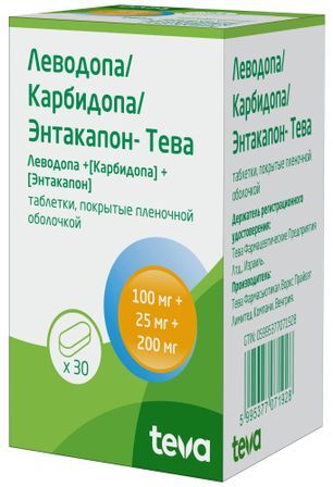 Леводопа/Карбидопа/Энтакапон-Тева 100мг+25мг+200мг 30 шт. таблетки покрытые пленочной оболочкой Леводопа/Карбидопа/Энтакапон-Тева 100мг+25мг+200мг 30 шт. таблетки покрытые пленочной оболочкой