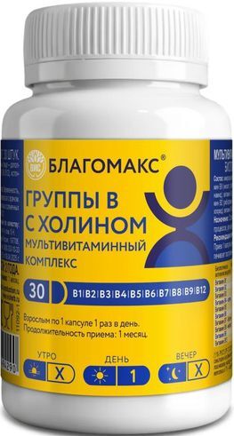 Благомакс капсулы Мультивитаминный комплекс группы В с холином 30 шт. Благомакс капсулы Мультивитаминный комплекс группы В с холином 30 шт.