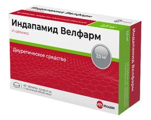 Индапамид велфарм 2,5мг 40 шт. таблетки покрытые пленочной оболочкой Индапамид велфарм 2,5мг 40 шт. таблетки покрытые пленочной оболочкой