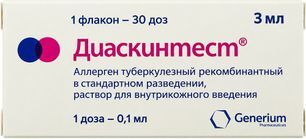 Диаскинтест 0,1мл/доза 3мл (30 доз) 1 шт. раствор для внутрикожного введения Генериум Диаскинтест 0,1мл/доза 3мл (30 доз) 1 шт. раствор для внутрикожного введения Генериум