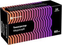 Тикагрелор Медисорб 60мг 56 шт. таблетки покрытые пленочной оболочкой Тикагрелор Медисорб 60мг 56 шт. таблетки покрытые пленочной оболочкой