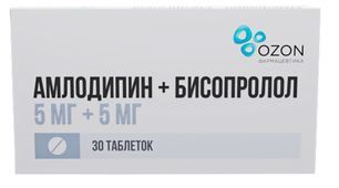 Амлодипин+Бисопролол 5мг+5мг 30 шт. таблетки Амлодипин+Бисопролол 5мг+5мг 30 шт. таблетки