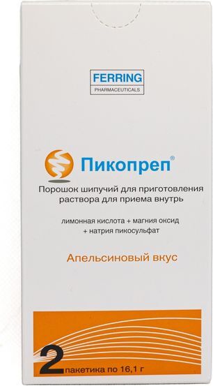 Пикопреп 16,1г 2 шт. порошок шипучий для приготовления раствора Ferring Pharmaceuticals Co. Ltd. апельсин Пикопреп 16,1г 2 шт. порошок шипучий для приготовления раствора Ferring Pharmaceuticals Co. Ltd. апельсин