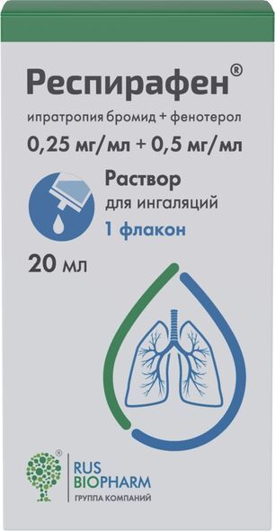 Респирафен 0,25мг/мл+0,5мг/мл 20мл раствор для ингаляций Респирафен 0,25мг/мл+0,5мг/мл 20мл раствор для ингаляций