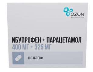 Ибупрофен+Парацетамол 400мг+325мг 10 шт. таблетки покрытые пленочной оболочкой Ибупрофен+Парацетамол 400мг+325мг 10 шт. таблетки покрытые пленочной оболочкой
