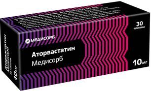 Аторвастатин Медисорб 10мг 30 шт. таблетки покрытые пленочной оболочкой Аторвастатин Медисорб 10мг 30 шт. таблетки покрытые пленочной оболочкой