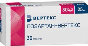 Лозартан-Вертекс 25мг 30 шт. таблетки покрытые пленочной оболочкой Лозартан-Вертекс 25мг 30 шт. таблетки покрытые пленочной оболочкой
