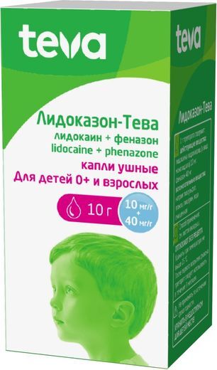 Лидоказон-тева 10мг/г+40мг/г 10г капли ушные