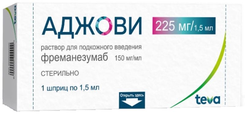 Иринэкс раствор для инъекций. Аджови р-р п/к шприц 150мг/мл 1,5мл n1. Аджови р-р д/п/к введ 150мг/мл шпр 1,5мл №1. Аджови препарат от мигрени. Аджови Тева.