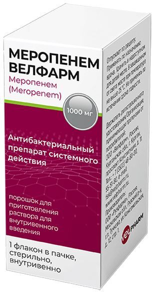 Меропенем велфарм 1000мг порошок для приготовления раствора для внутривенного введения Меропенем велфарм 1000мг порошок для приготовления раствора для внутривенного введения