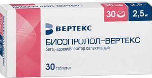Бисопролол-Вертекс 2,5мг 30 шт. таблетки покрытые пленочной оболочкой Бисопролол-Вертекс 2,5мг 30 шт. таблетки покрытые пленочной оболочкой