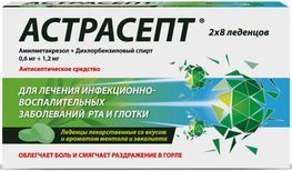 Астрасепт 0,6мг+1,2мг 16 шт. леденцы лекарственные ментол/эвкалипт Астрасепт 0,6мг+1,2мг 16 шт. леденцы лекарственные ментол/эвкалипт